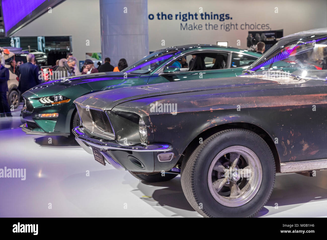 Detroit, Michigan - The 1968 Mustang Bullitt driven by Steve McQueen in the movie 'Bullitt.' Next to it is the new 2019 Mustang Bullitt. The cars were Stock Photo