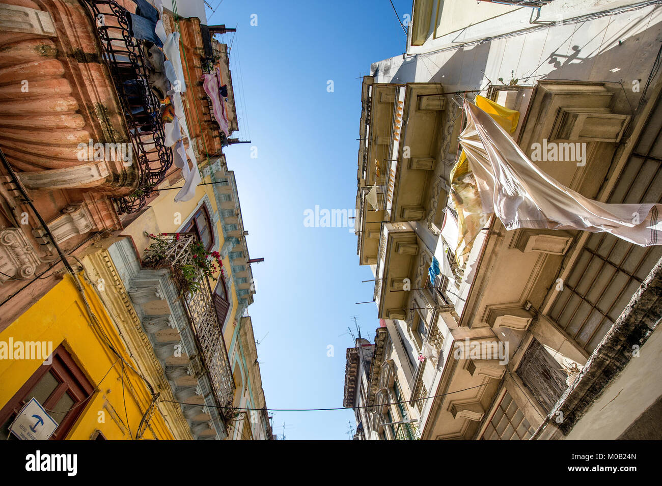 View up from the street on walls and a roofs of the building on the streets of Havana Cuba Stock Photo