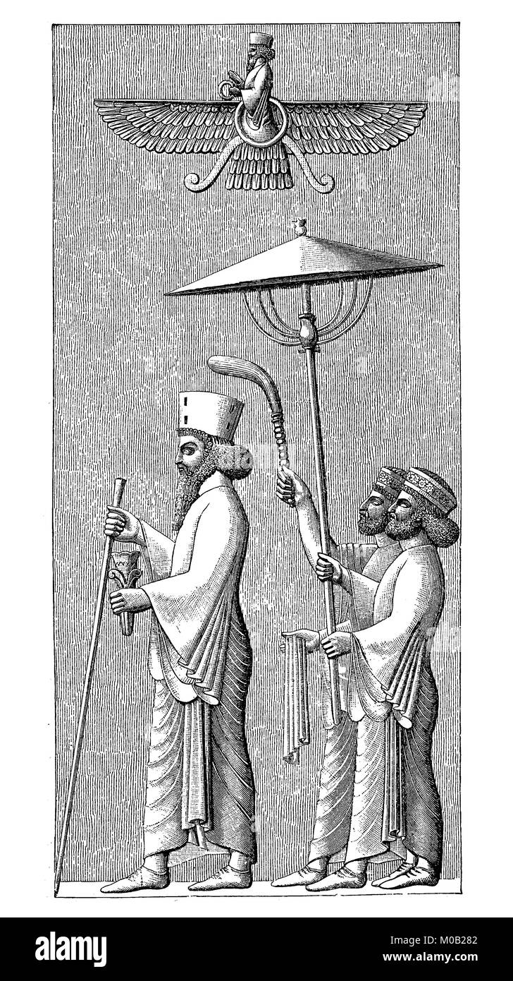 Darius I, the Great, 549 - 486 BC BC, Great King of the Persians 522 - 486 BC Depicted with retinue, umbrella-bearer and fly-whisk on an alt Persian relief, digital improved reproduction of an original print from 1880 Stock Photo