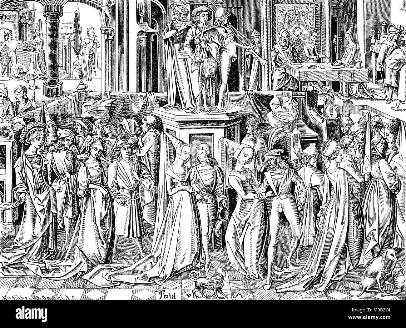 City life in the 15th century, at a Patrizian dance festival, the upper class, consisting of members of the lower nobility, wealthy merchants and ministerials, digital improved reproduction of an original print from 1880 Stock Photo