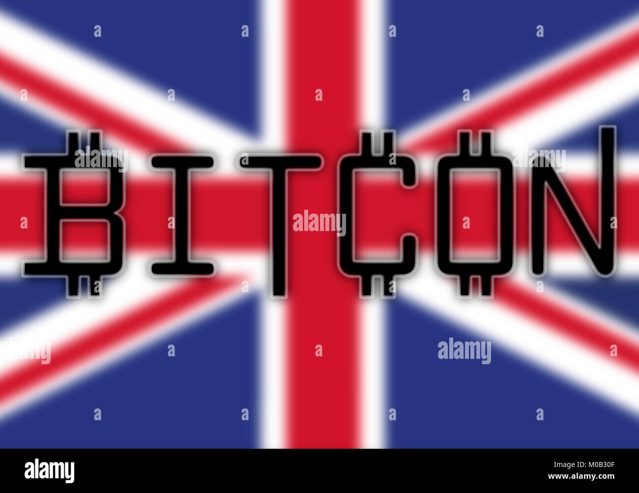 The word Bitcon in front of a Union Jack background Stock Photo