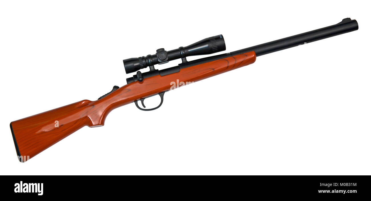 Wooden rifle with scope isolated over white Stock Photo