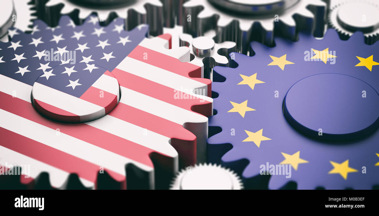 EU and USA relations concept. European Union and US of America flags on metal gears. 3d illustration Stock Photo