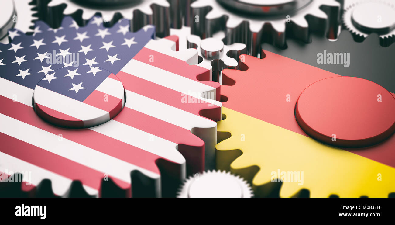 Germany and USA relations concept. Germany and US of America flags on metal gears. 3d illustration Stock Photo