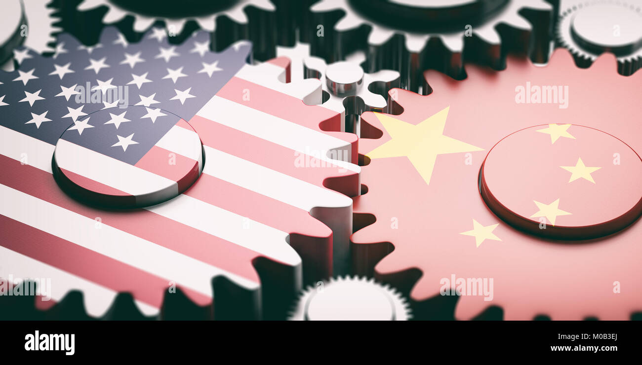 China and USA relations concept. China and US of America flags on metal gears. 3d illustration Stock Photo