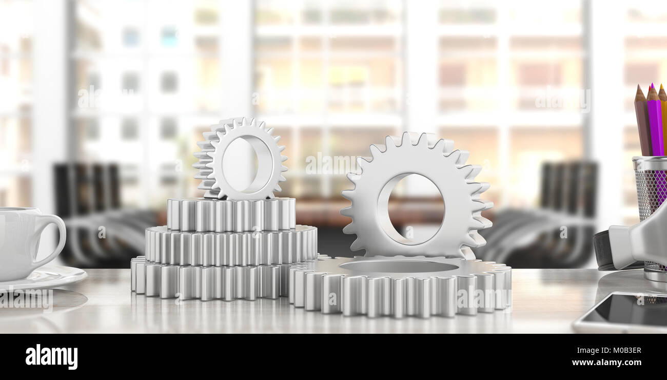 Small and large silver gears on blurred office background. 3d illustration Stock Photo
