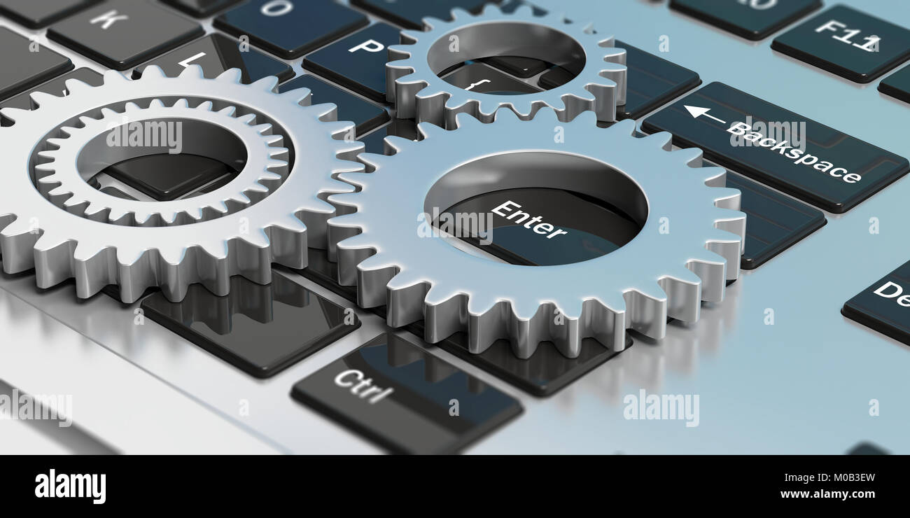 Silver chrome gears on a computer keyboard. 3d illustration Stock Photo