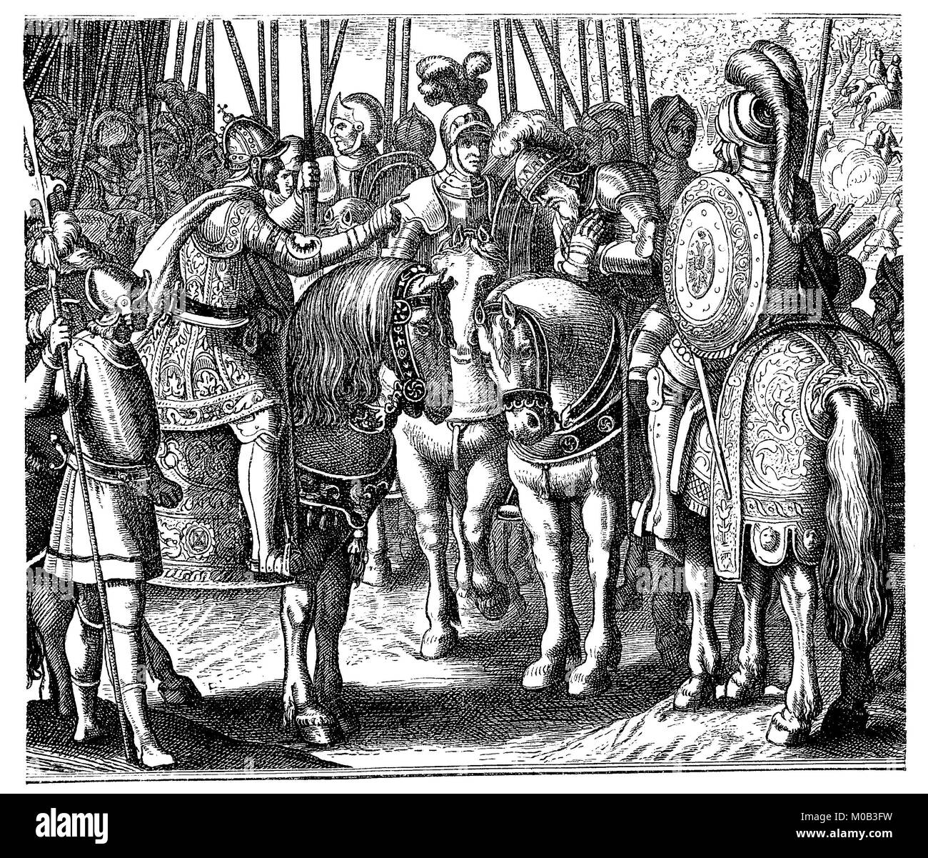 Elector John Frederick I of Saxony, also known as Frederick the Magnanimous, June 30, 1503 - March 3, 1554, meets Charles V, February 24, 1500 - September 21, 1558, digital improved reproduction of an original print from 1880 Stock Photo