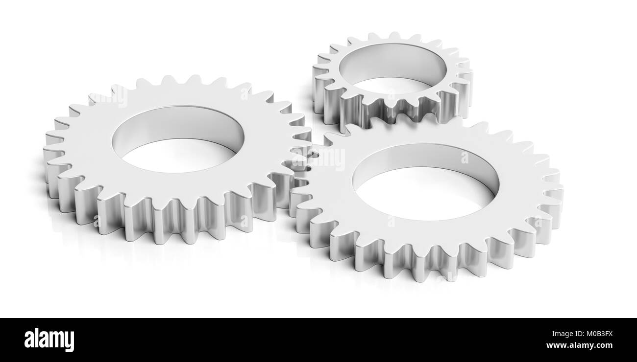 Three silver chrome gears isolated on white background. 3d illustration Stock Photo