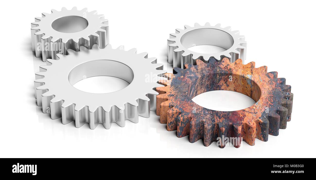 Old and new concept. One rusty and three silver gears isolated on white background. 3d illustration Stock Photo