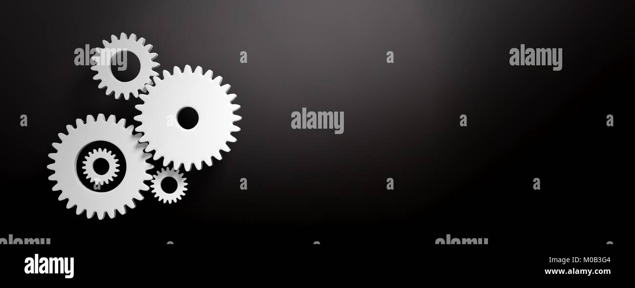 Various sizes white plastic gears isolated on black background, banner, top view, space for text. 3d illustration Stock Photo