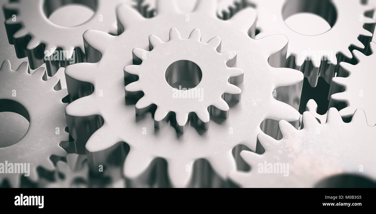 Silver chrome gears background. 3d illustration Stock Photo