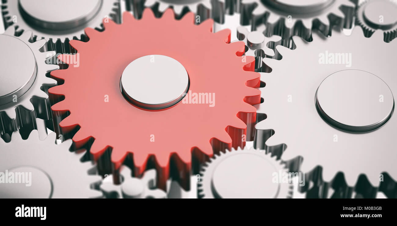 One red metal gear on silver wheelgears background. 3d illustration Stock Photo