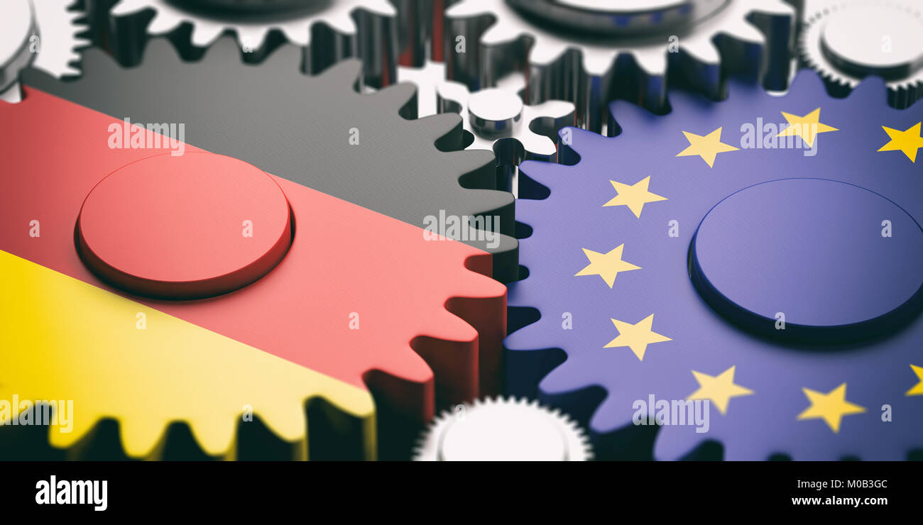 EU and Germany relations concept. European Union and Germany flags on metal gears. 3d illustration Stock Photo