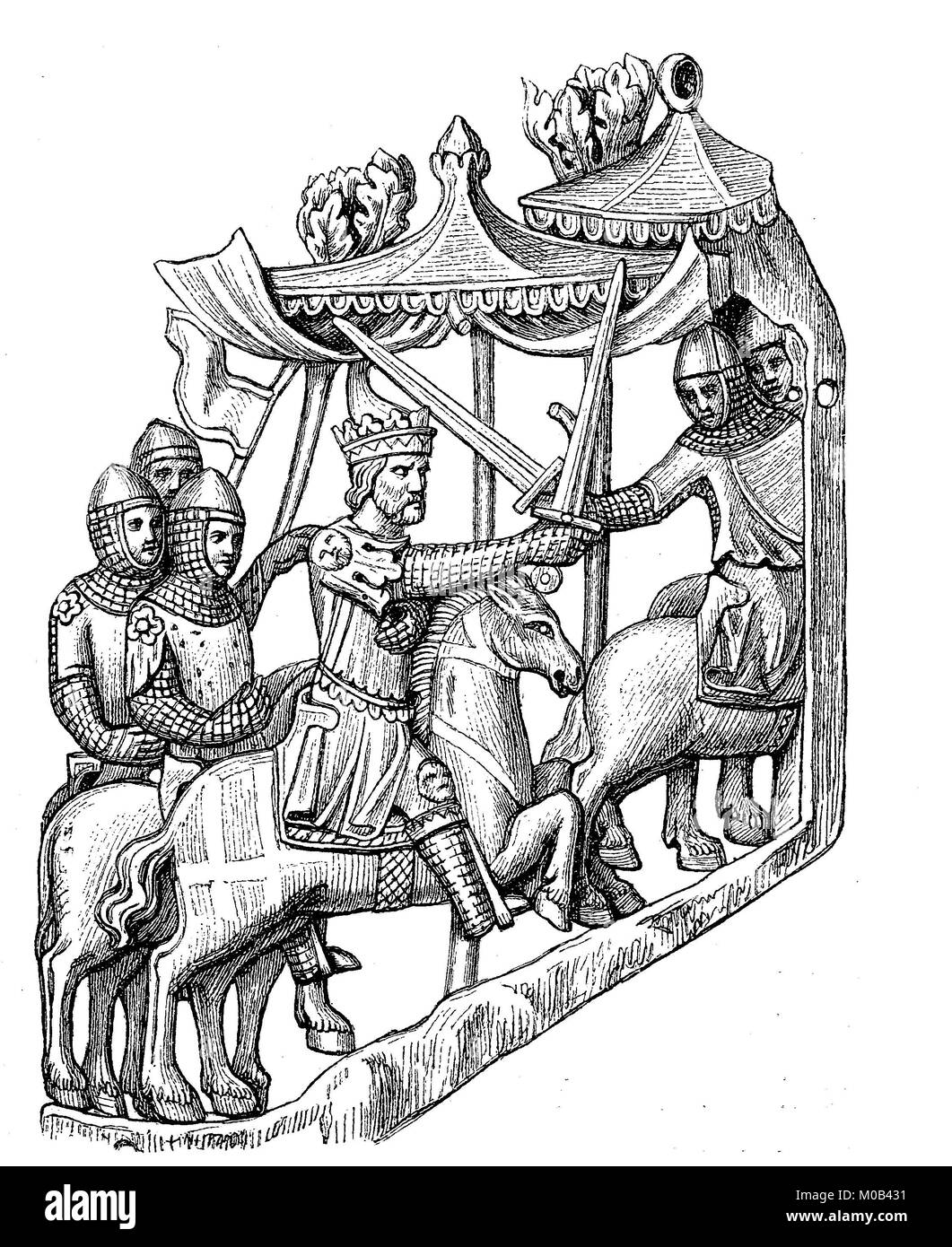 Ivory carving shows King Adolf in a scuffle at the end of the 13th century, at the time of the Battle of Göllheim, in the Germanisches Museum zu Nürnberg, uremberg, Germany, digital improved reproduction of an original print from 1880 Stock Photo