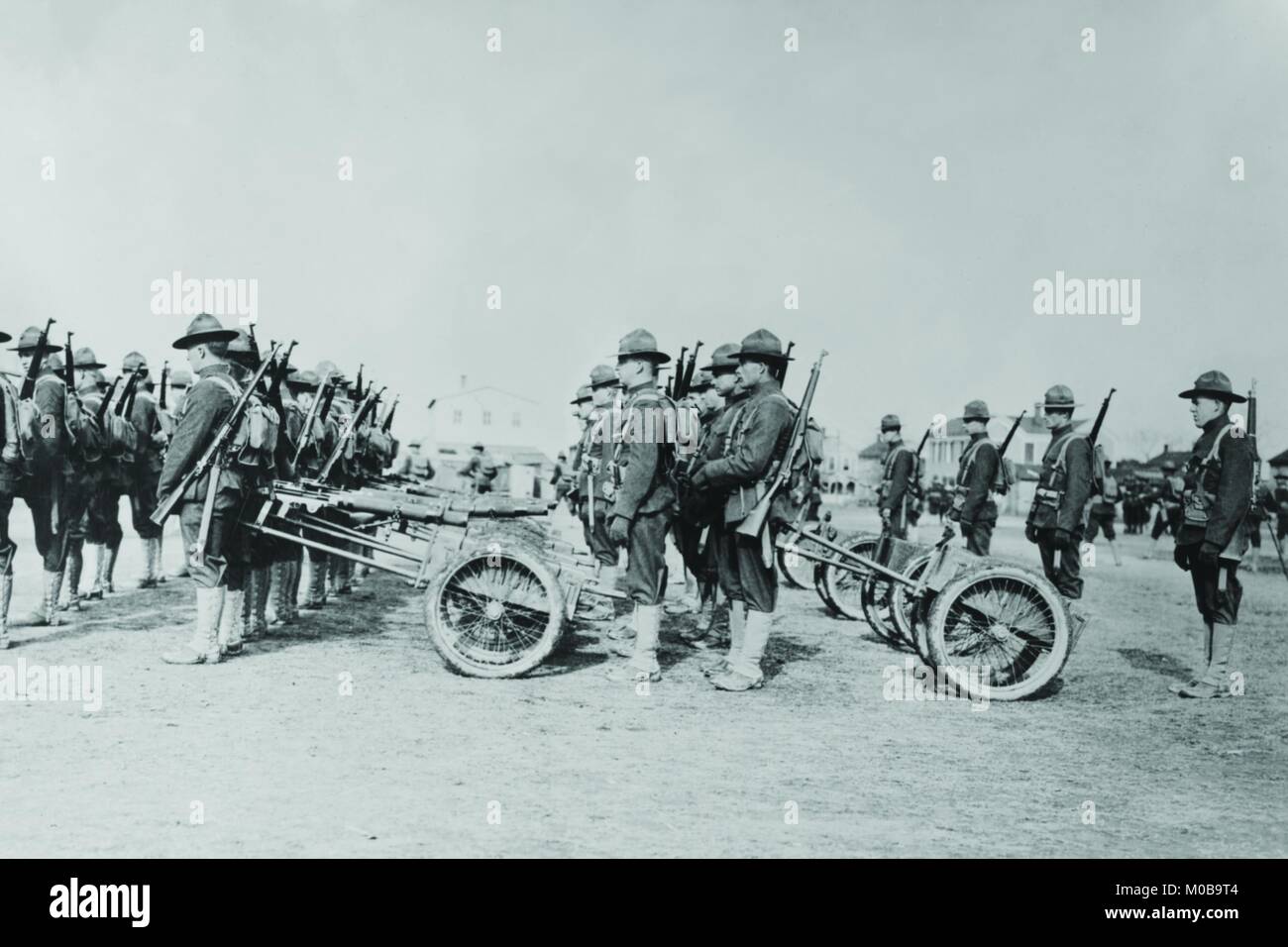 Detachment of a weapons Company of a Marine Machine Gun unit parades at shoulder arms with rifles in a military review before being shipped out to Eur Stock Photo