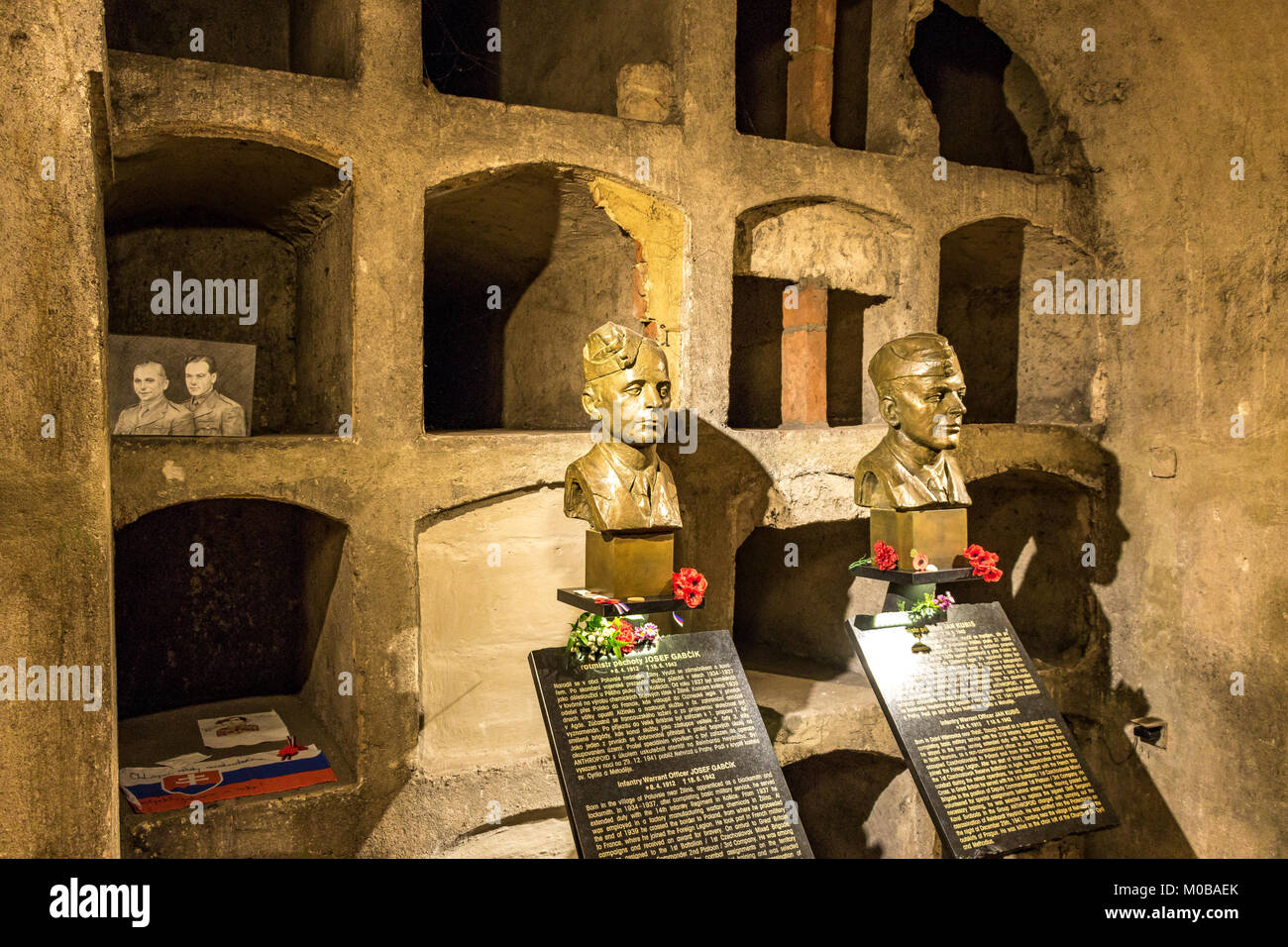 Busts of Jan Kubiš and Jozef Gabčík who were killed in the Crypt of St Cyrils Church Prague after the assassination of Reinhardt Heydrich in1942 Stock Photo