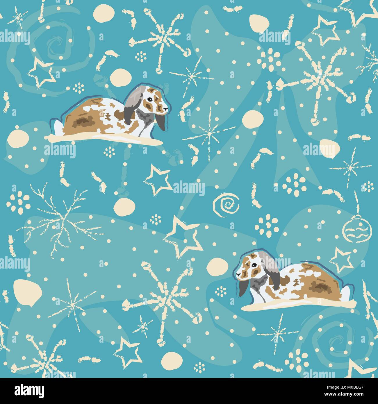 Seamless Winter pattern with bunnies on blue background with hand drawn ...