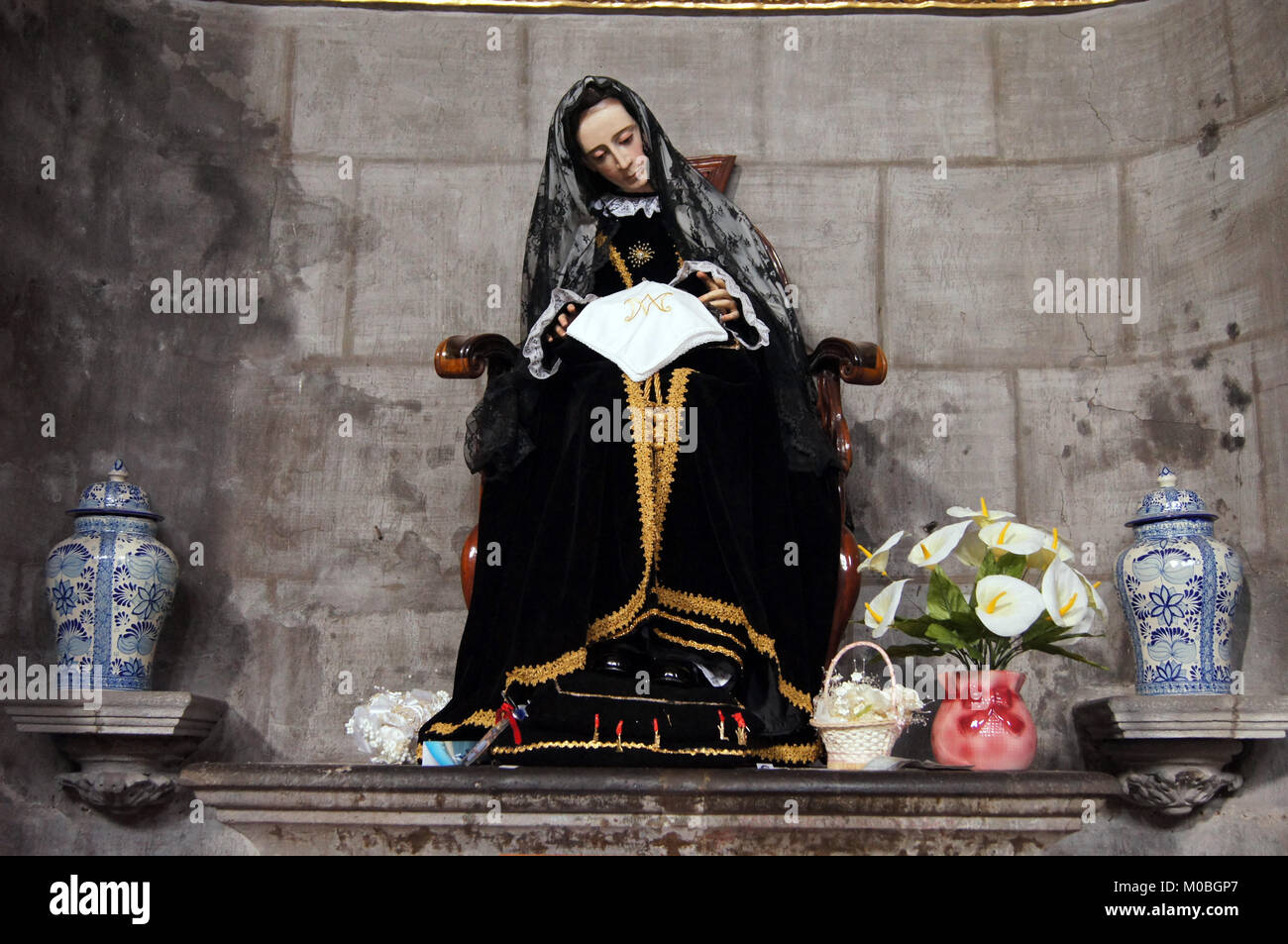 Statue Of Virgyn Mary And Vases Inside Church In Puebla Mexico