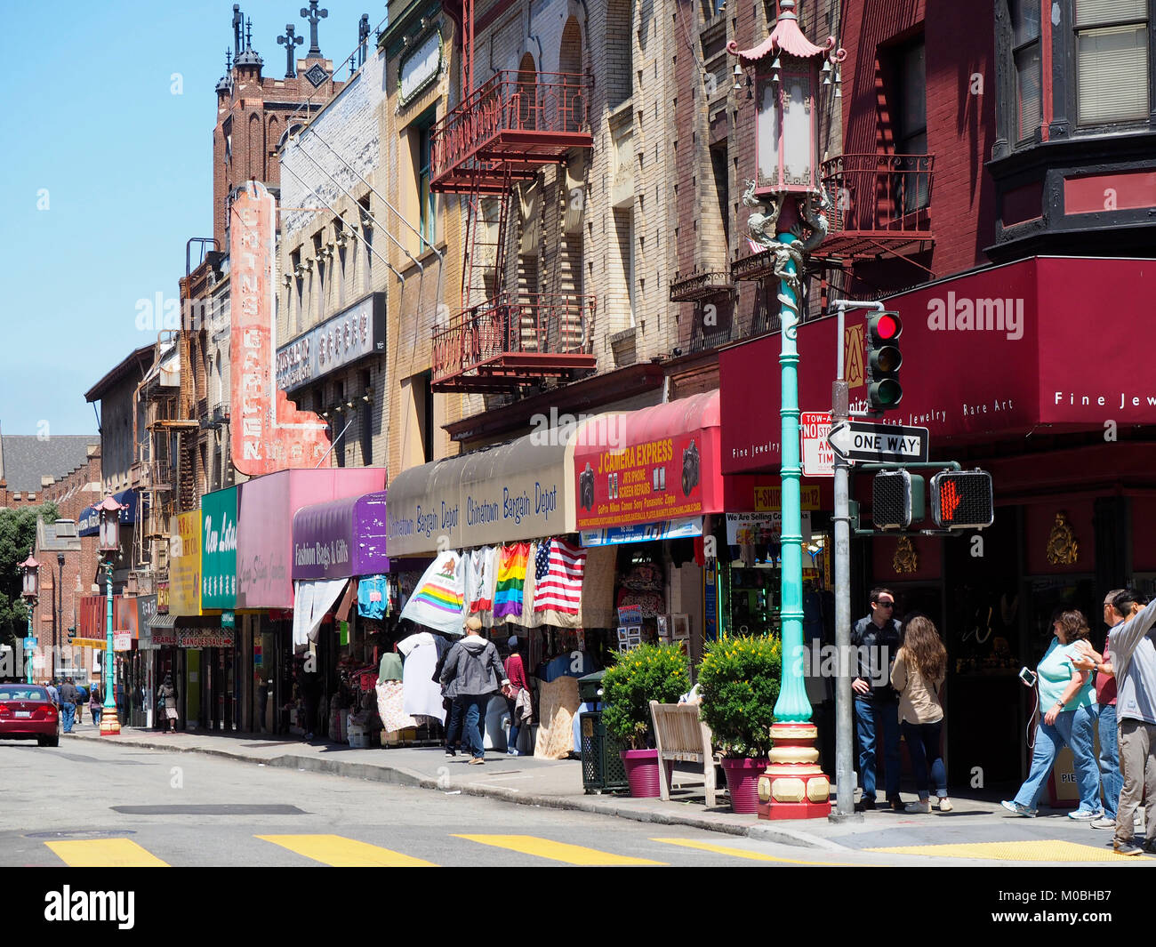 San Francisco , CA - 17 Aug 2016: Busy shops and small businesses on Grant Ave/Pine St., between San Francisco's Chinatown and the Financial District. Stock Photo