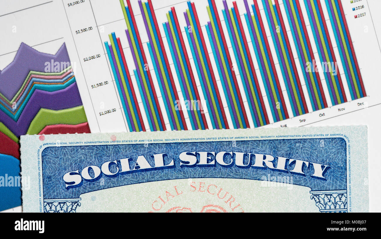 USA Social Security Card on graphs of income for retirement Stock Photo