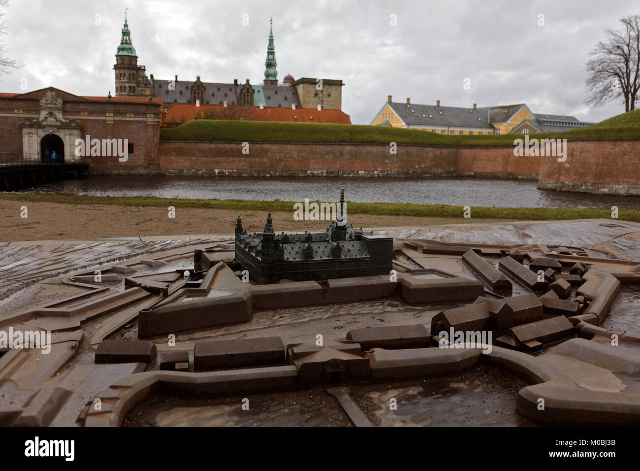 Helsingor, Denmark - November 6, 2016: 3D model of Kronborg castle against its fortified walls. Since 2000, the castle is listed as UNESCO World Herit Stock Photo