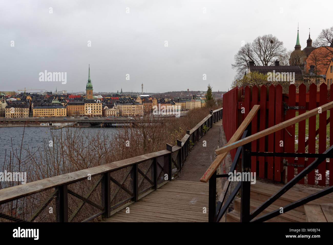 Monteliusvagen in Stockholm, Sweden in an autumn day. This 500-meter long walking path offers a magnificent view of Lake Malaren, City Hall, and Ridda Stock Photo