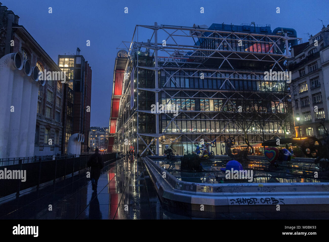 PARIS, FRANCE - DECEMBER 20, 2017:  Centre Pompidou at night. located in beaubourg District, it is the biggest modern art museum in Europe and a major Stock Photo