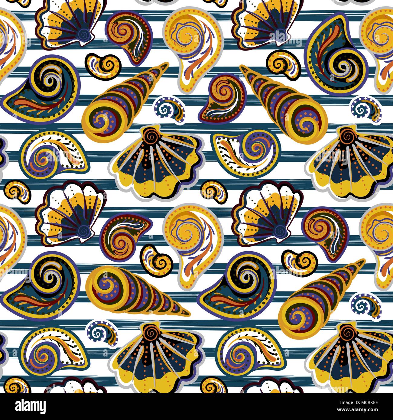 Vector seamless pattern of seashells on striped background. Hand drawn ...