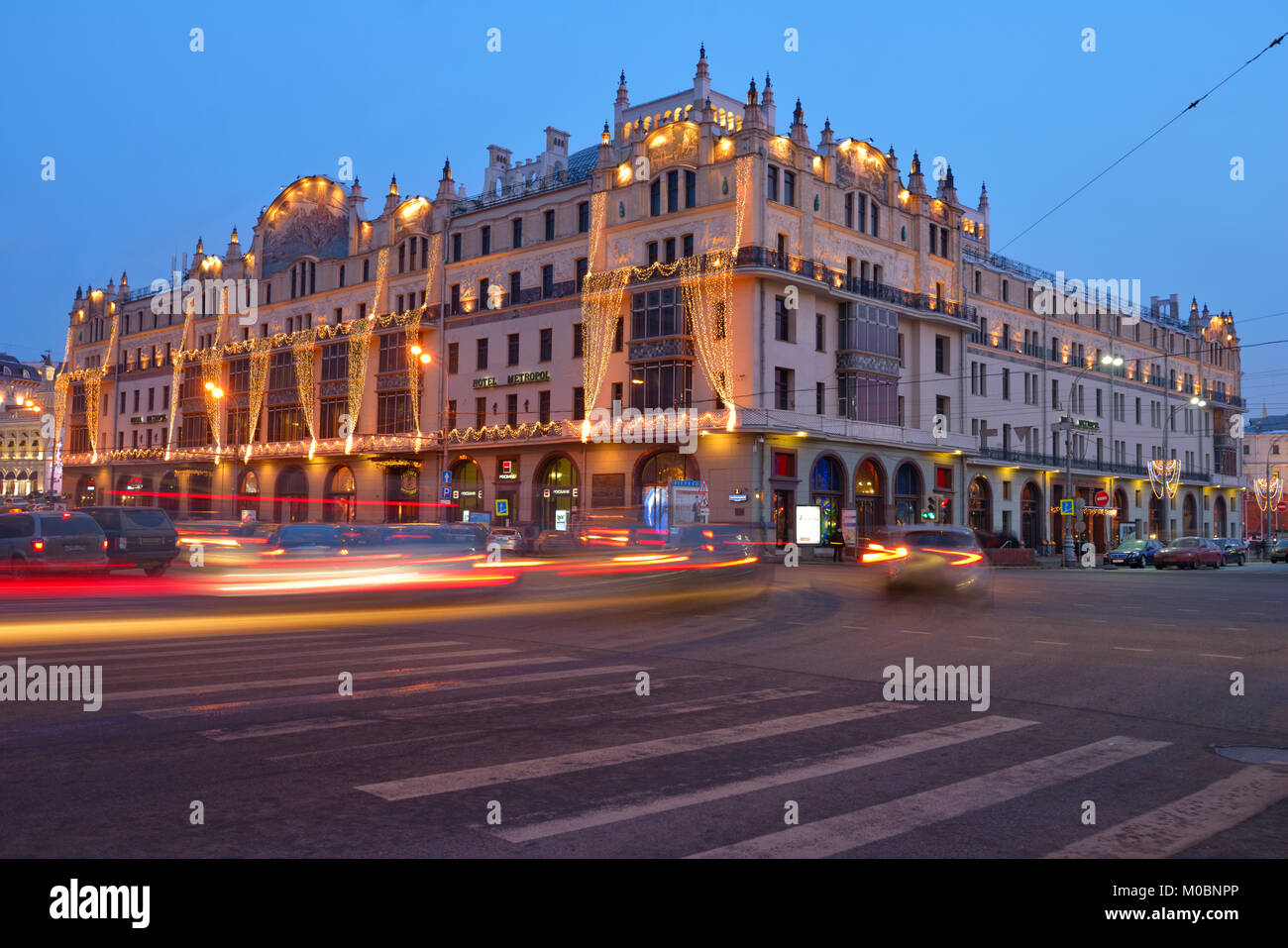 Moscow, Russia - February 6, 2014: Building of the hotel Metropol in evening. Built in 1899-1905, it is the remarkable monument of the modern style ar Stock Photo
