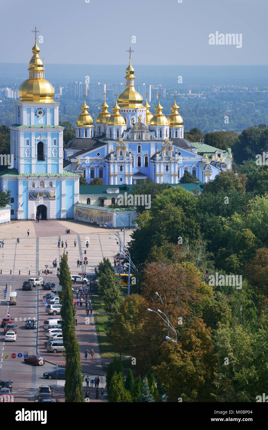 Kiev, Ukraine - September 1, 2013: Aerial view to the St. Michael's Golden-Domed Monastery from the belfry of St. Sophia. The monastery was reconstruc Stock Photo
