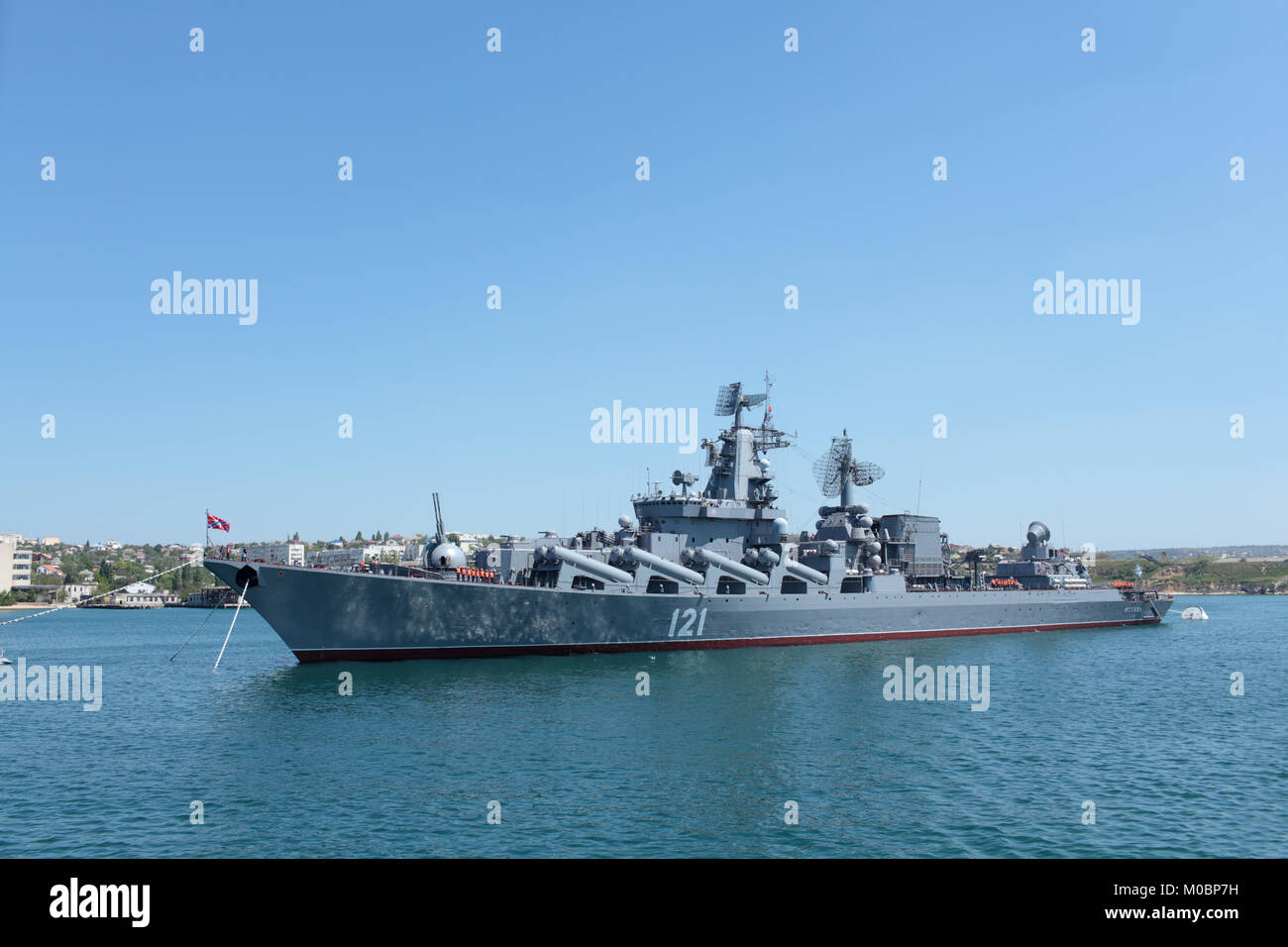 Sevastopol, Ukraine - May 7, 2013: Russian cruiser Moskva anchored in the bay of Sevastopol, Crimea, Ukraine on May 7, 2013. Ship prepares to the nava Stock Photo