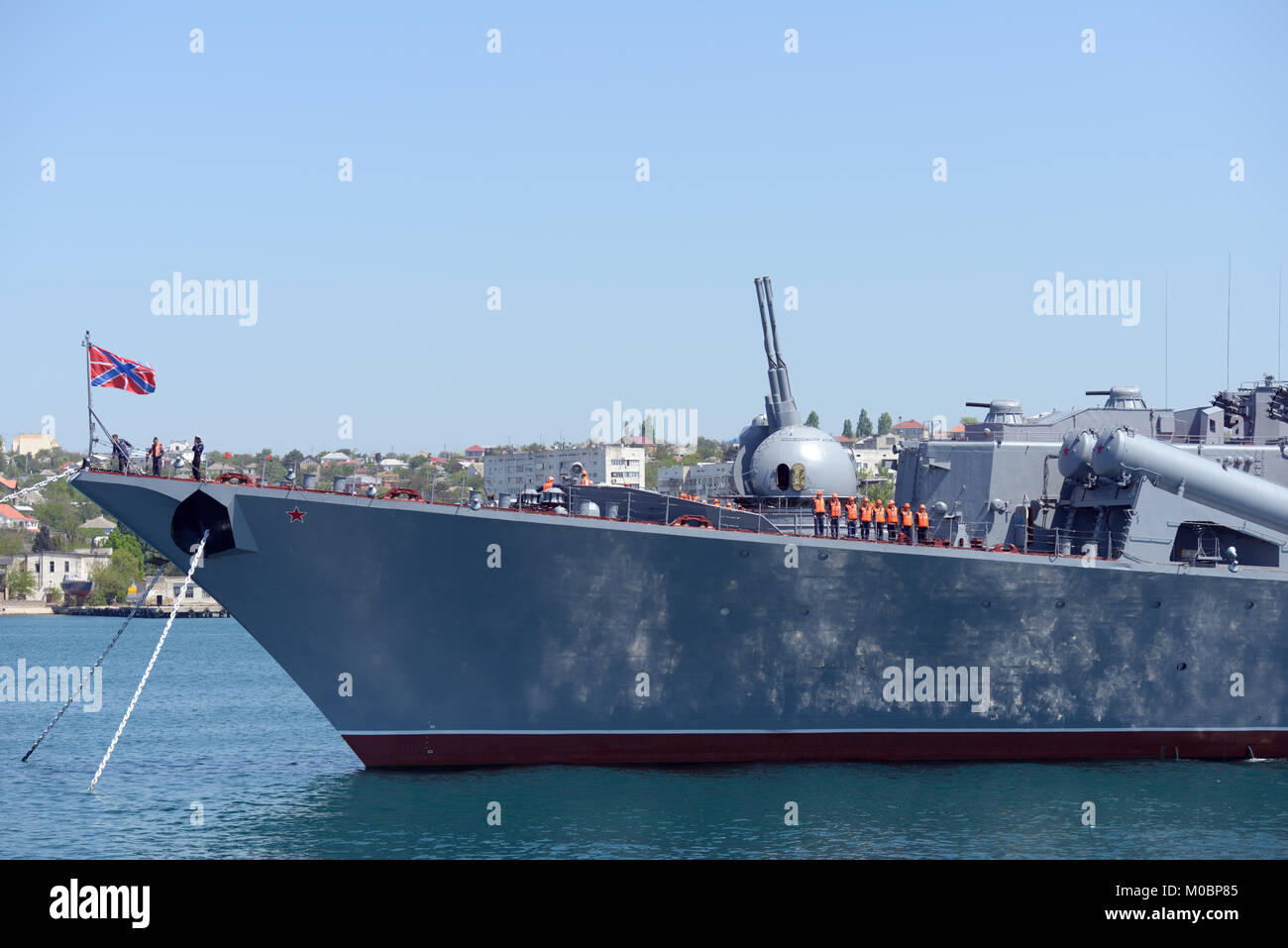 Sevastopol, Russia - May 7, 2013: Crew on the deck of Russian warship Moskva anchored in the harbor of Sevastopol, Ukraine on May 7, 2013 before the n Stock Photo