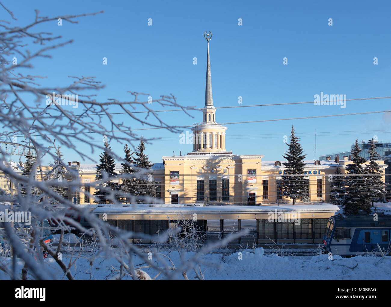 Petrozavodsk, Russia - January 18, 2013: Commuter trains on the railway station of Petrozavodsk, Karelia, Russia on January 18, 2013. The building was Stock Photo