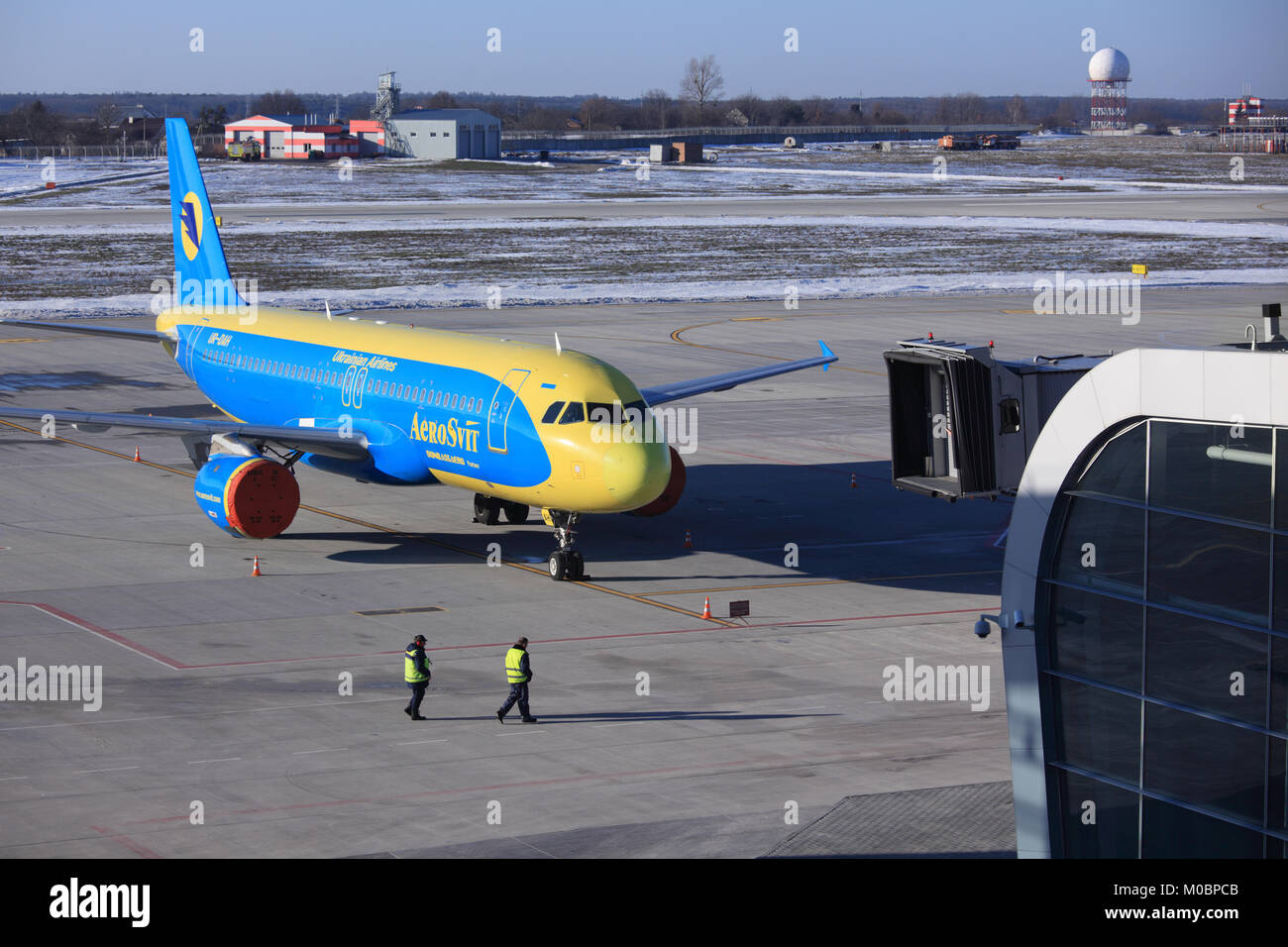 LVOV, UKRAINE - DECEMBER 31: Liner of Ukrainian Aerosvit airlines company on December 31, 2012 in Lvov Airport. Many Aerosvit liners was delayed due t Stock Photo
