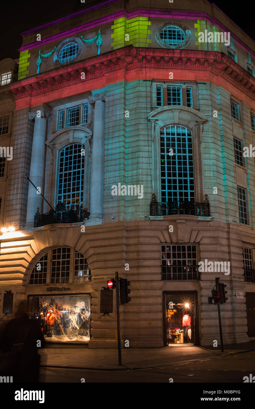 LONDON, UK - JANUARY 18, 2018: Lumiere London Holger Mader and Heike Wiermann's light video piece Frictions projected on 103 Regent's Street Stock Photo