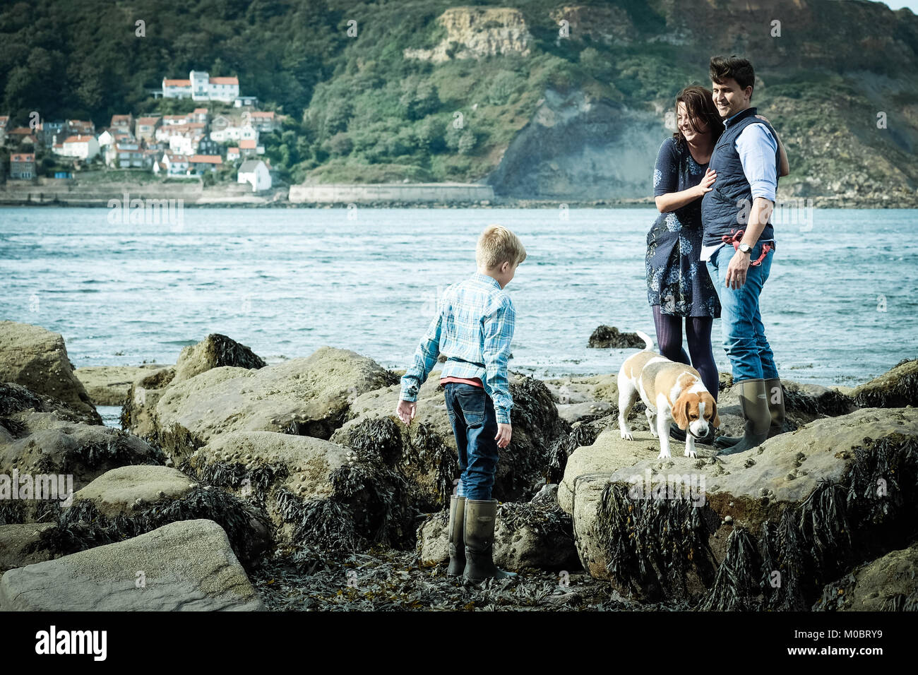 Boy playing on the rocks with his parents and family dog. Family enjoying their holiday on the UK coast, seaside, in Runswick Bay, Yorkshire. Stock Photo