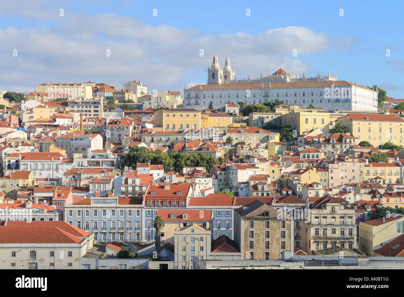 Cityscape of Lisbon, Portugal. Brightly Coloured Buildings. Monastery of Sao Vicente de Fora on Skyline Stock Photo