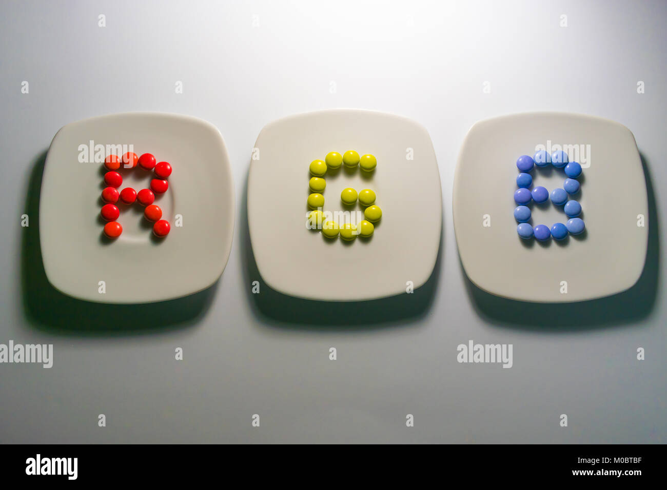 Three plates with colorful candies of chocolates with RGB colors on ...
