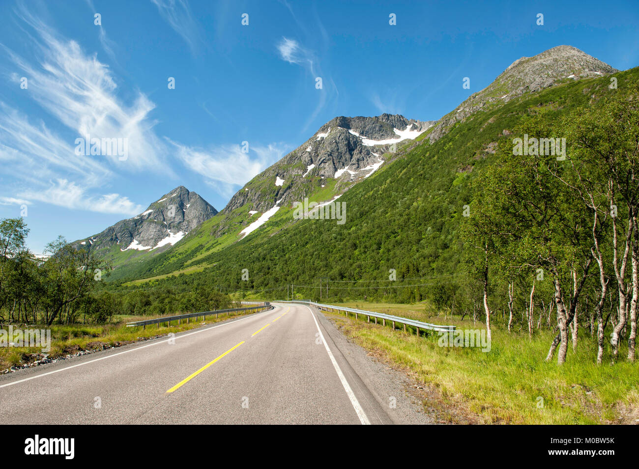 Route E10 running through scenic summer landscape at Lofoten in northern Norway Stock Photo