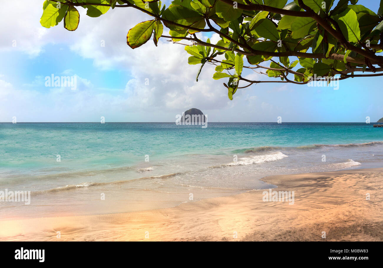 The Diamond rock and Caribbean beach , Martinique island, French West Indies Stock Photo