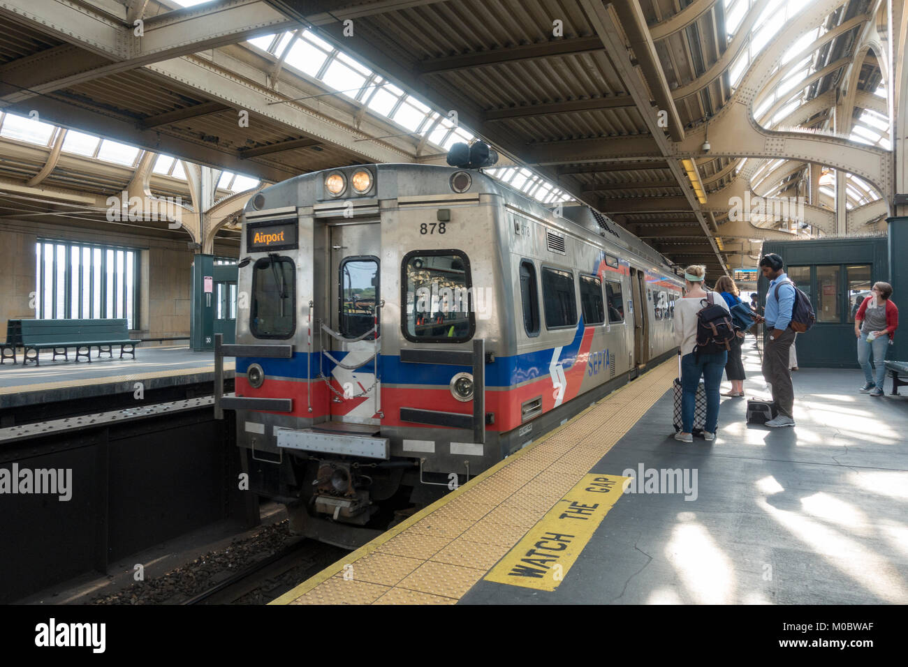 An Airport bound SEPTA train arriving at 30th Street station, the main