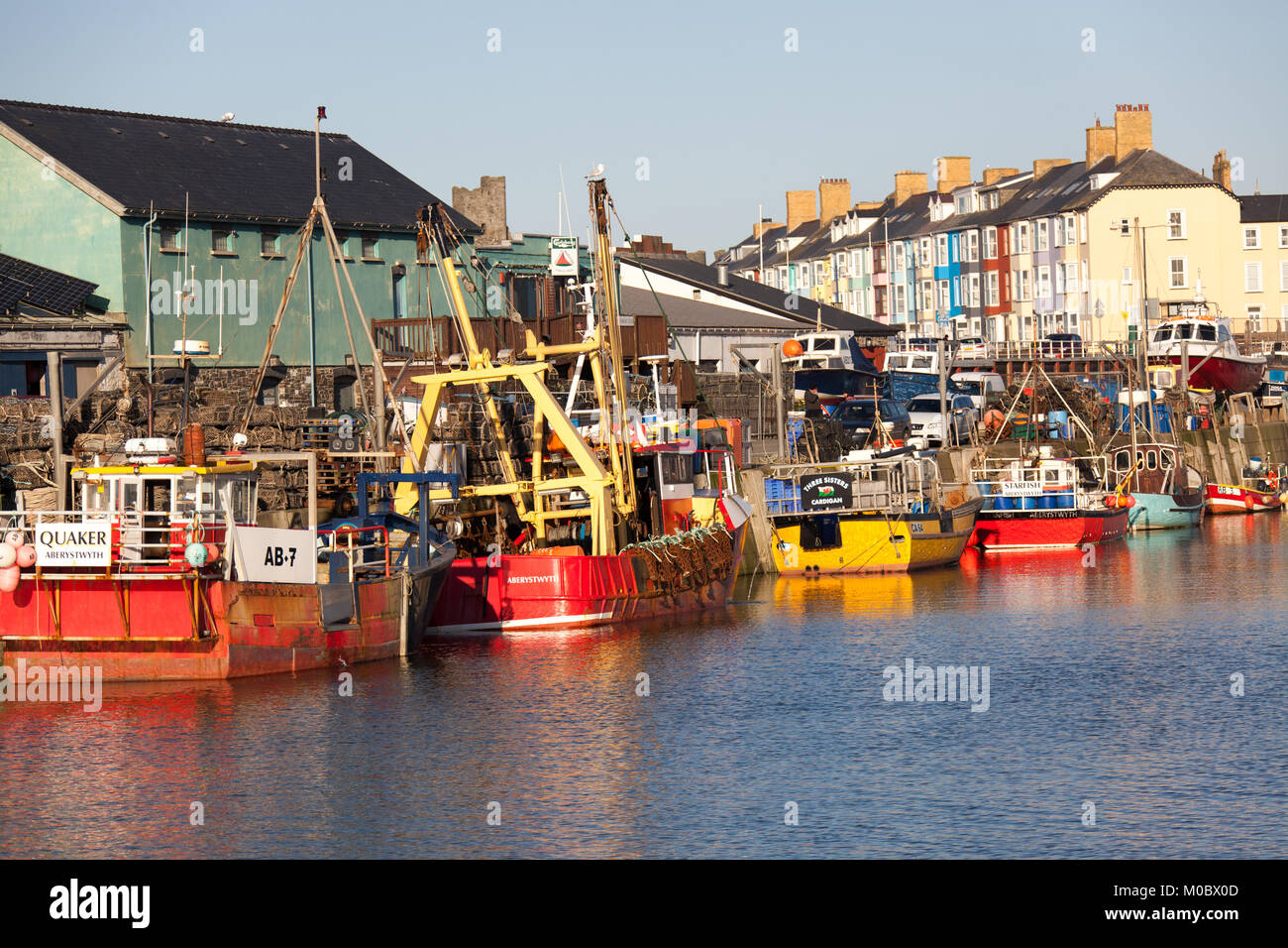 Town of Aberystwyth, Wales. Picturesque view of fishing boats berthed