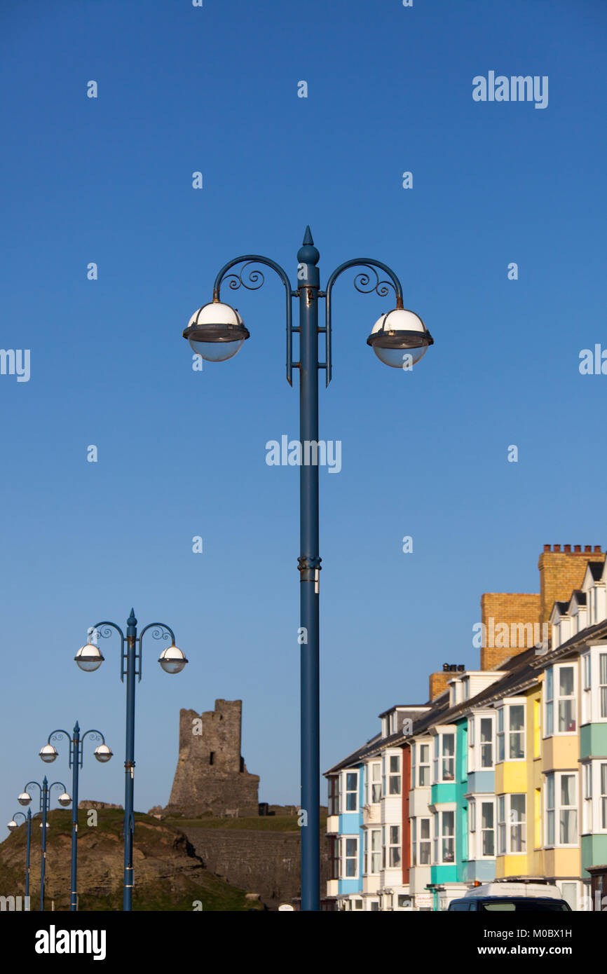 Town of Aberystwyth, Wales. Picturesque view of street lighting, on the brightly coloured esplanade at Aberystwyth’s South Marine Terrace. Stock Photo