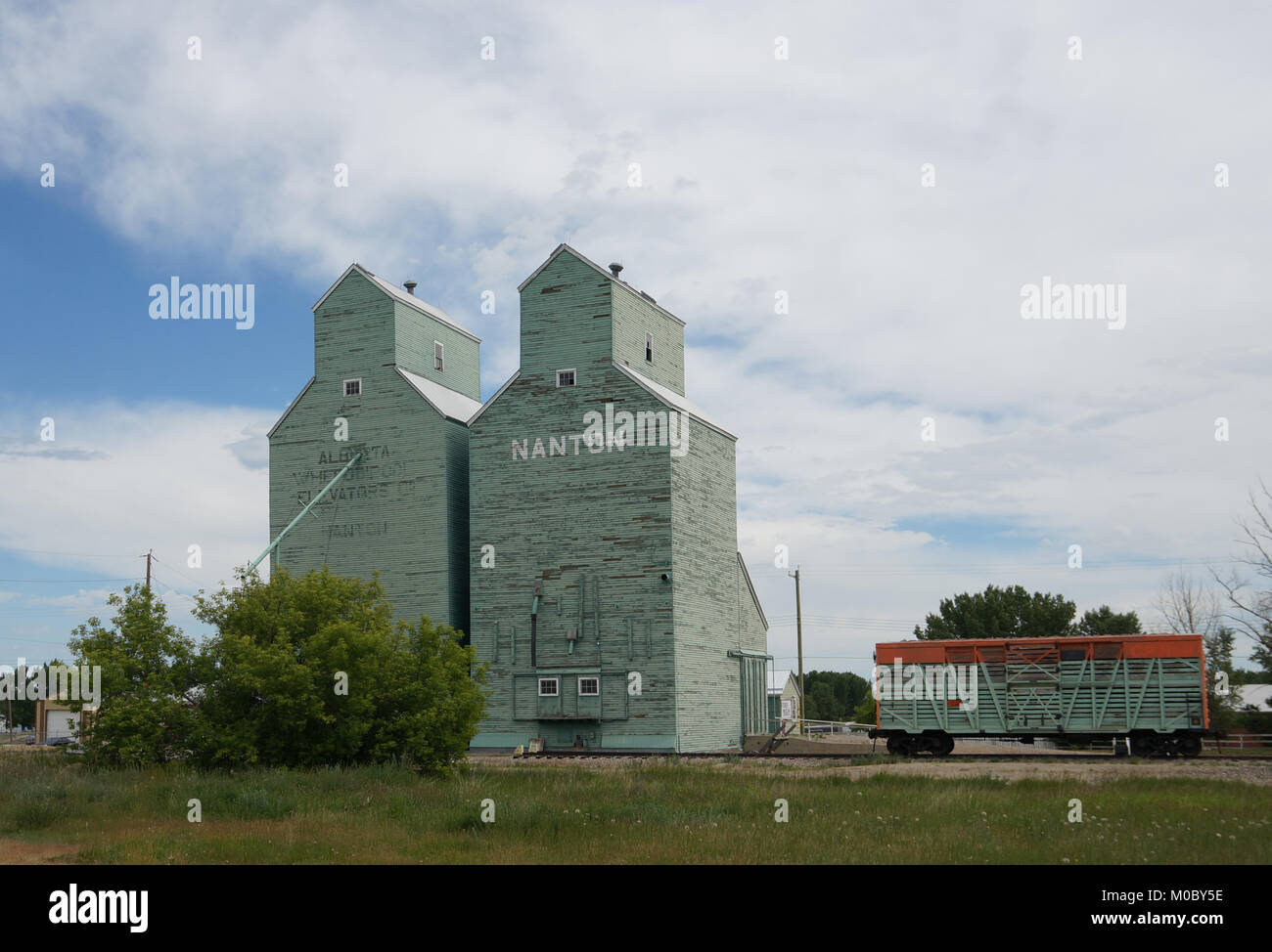 Historic wooden grain elevators located in Nanton, Alberta, Canada. Stock Photo