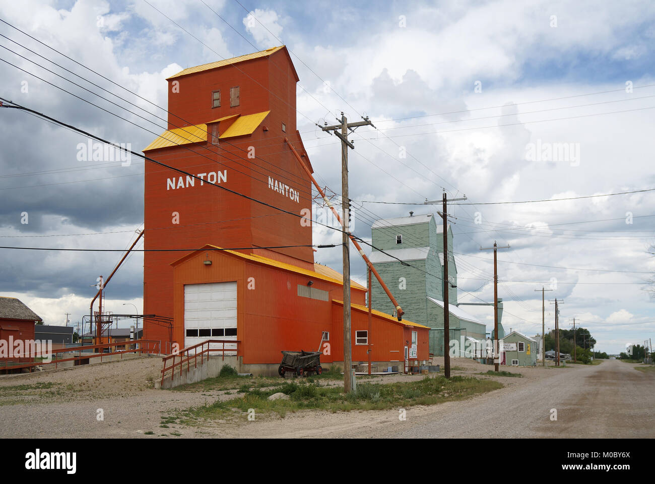 Historic wooden grain elevators located in Nanton, Alberta, Canada. Stock Photo