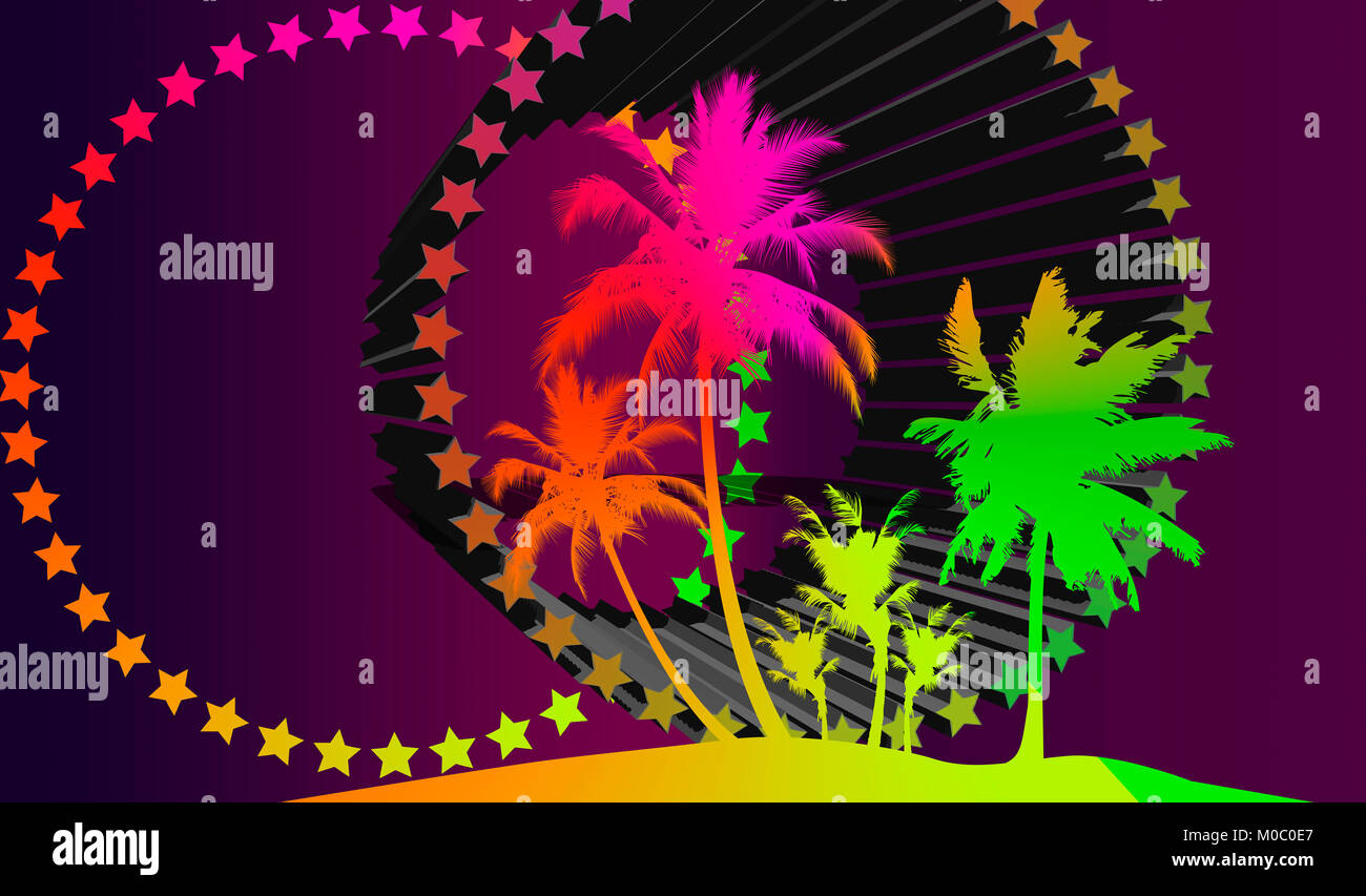 An illustration of palms trees, stars and geometric shapes that can be