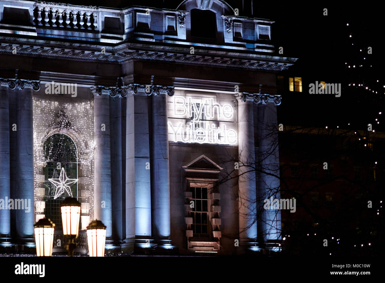 blythe yuletide ulster scots language happy christmas low energy led christmas lighting on belfast city hall northern ireland uk Stock Photo