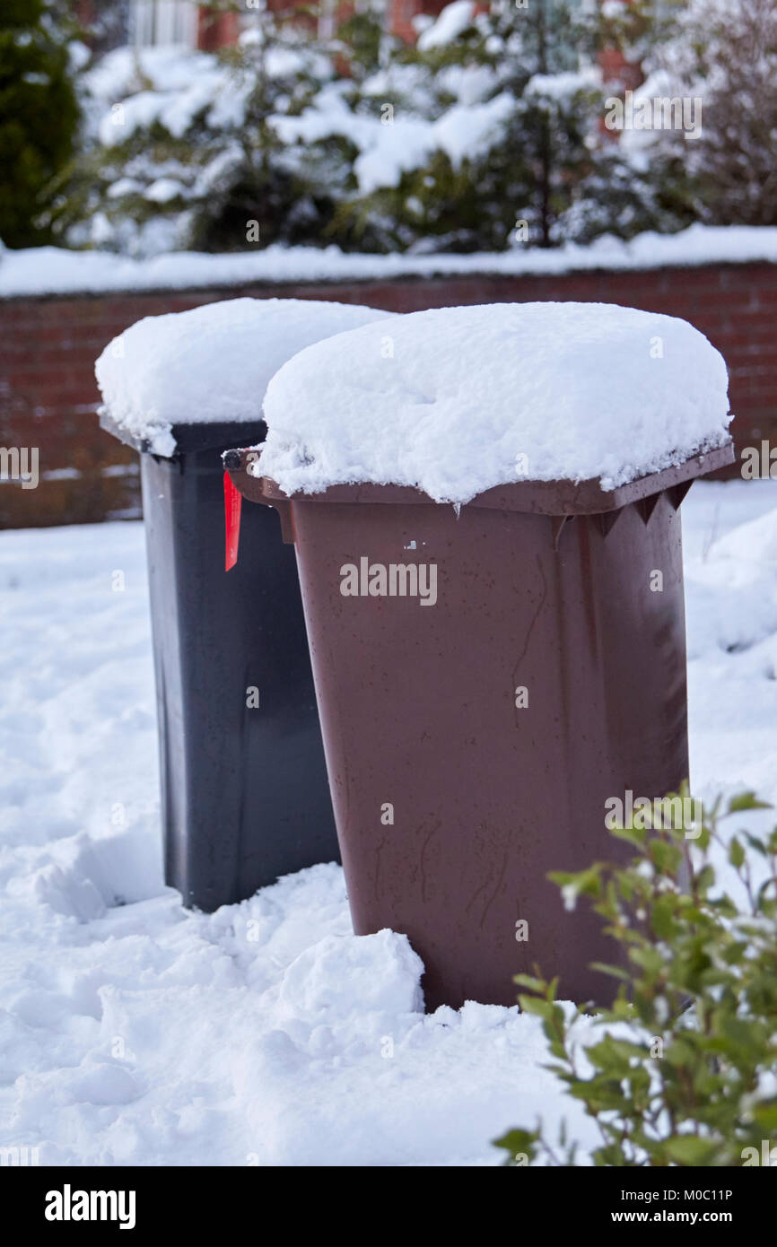 wheelie bins covered in snow in newtownabbey northern ireland Stock Photo