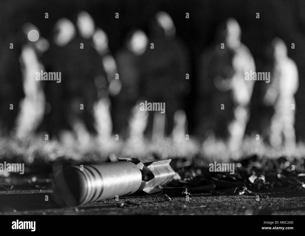 An unexploded ordnance is shown resting on the ground during the Ability to Survive and Operate Rodeo held at Joint Base Andrews, Md., Jan. 11, 2018. Groups of 10 to12 Airmen went to five stations to train on self-aid and buddy care, defensive fighting positions and pre- and post-chemical, biological, radiological and nuclear defense attack simulations. (U.S. Air Force Stock Photo